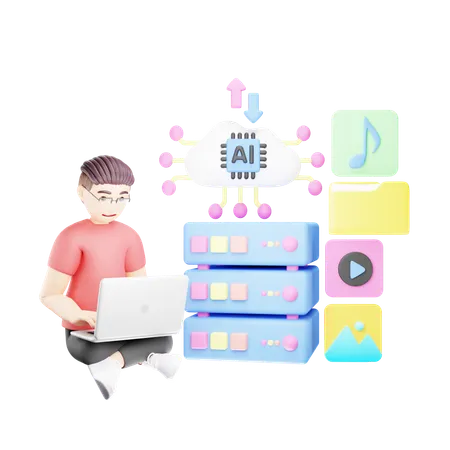 Man Downloading and Uploading Data on AI Cloud  3D Illustration