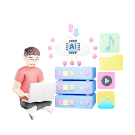 Man Downloading and Uploading Data on AI Cloud  3D Icon