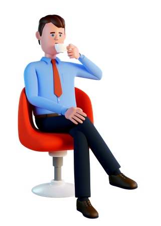 Man drinking coffee while sitting in a red office chair  3D Icon