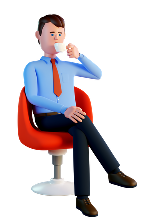 Man drinking coffee while sitting in a red office chair  3D Illustration