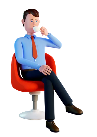 Man drinking coffee while sitting in a red office chair  3D Illustration