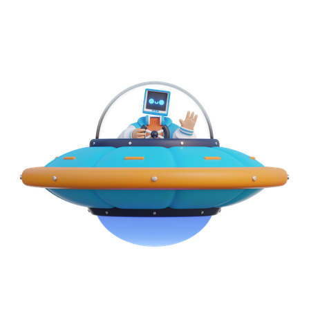 Man Drives UFO  3D Illustration