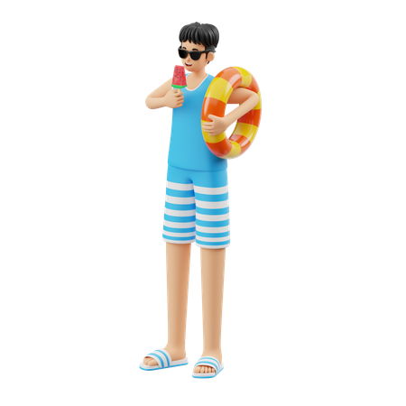 남자는 해변에서 아이스크림을 먹는다  3D Illustration