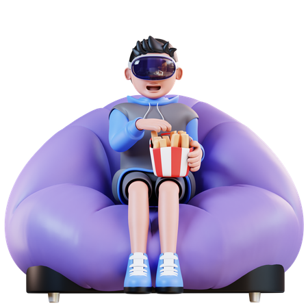 Man Eating French Fries While Using Virtual Reality  3D Illustration