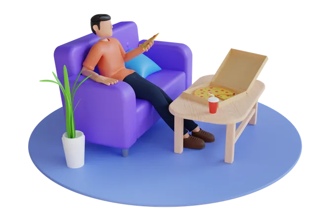 Man eating pizza at home  3D Illustration