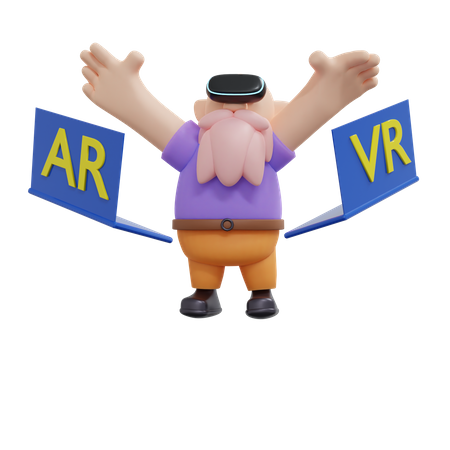 Man enjoying alone wearing VR headset with two flying laptops  3D Illustration