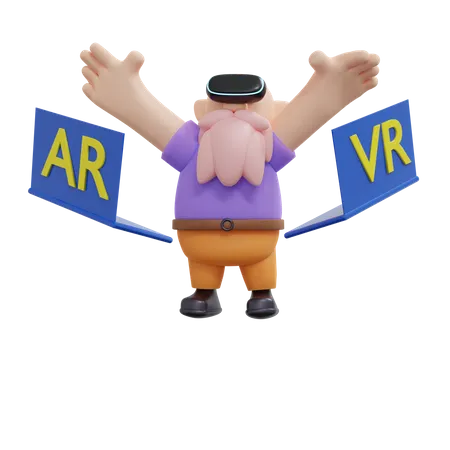 Man enjoying alone wearing VR headset with two flying laptops  3D Illustration