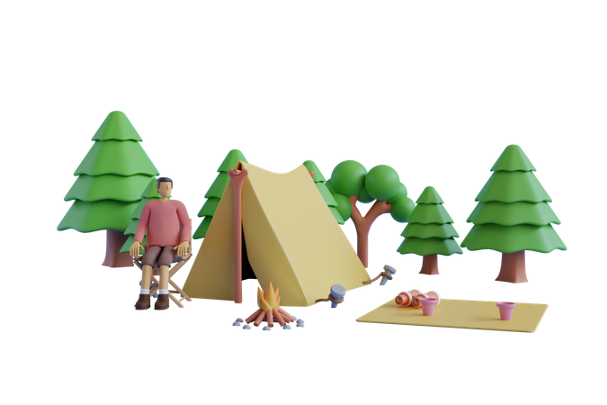 Man enjoying camping in forest  3D Illustration