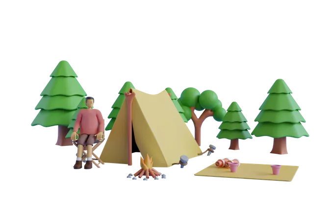 Man enjoying camping in forest  3D Illustration