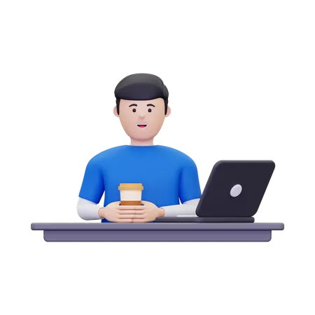 Man enjoying coffee while sitting at desk  3D Illustration