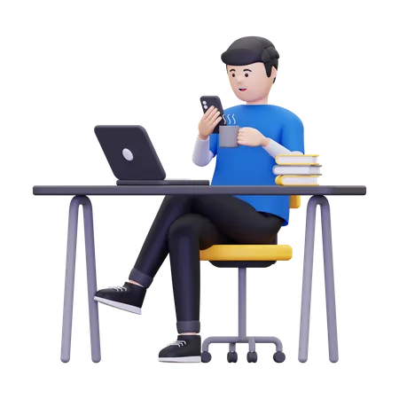 Man enjoying coffee while working  3D Illustration