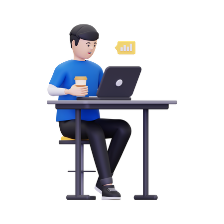 Man enjoying coffee while working on laptop  3D Illustration