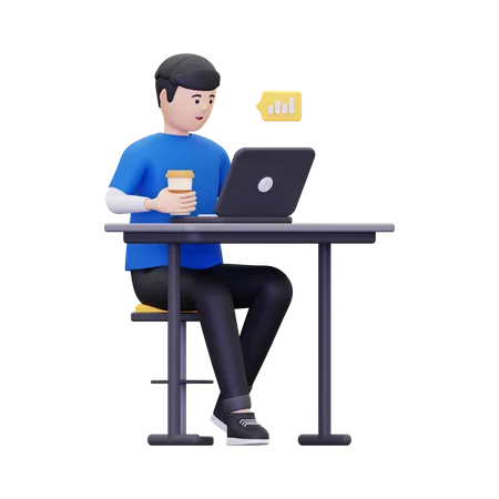Man enjoying coffee while working on laptop  3D Illustration