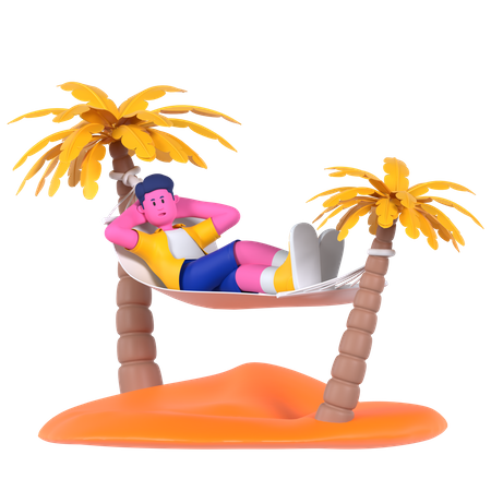 Man enjoying Hammock in Coconut Tree  3D Illustration