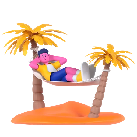 Man enjoying Hammock in Coconut Tree  3D Illustration