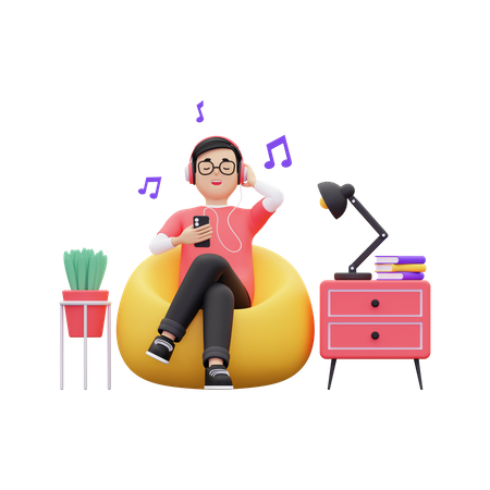 Man enjoying music while sitting on beanbag  3D Icon