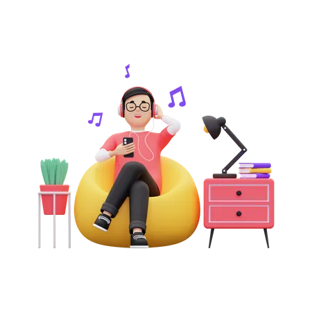 Man enjoying music while sitting on beanbag  3D Illustration