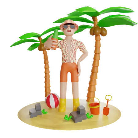 Man Enjoying On Island  3D Illustration