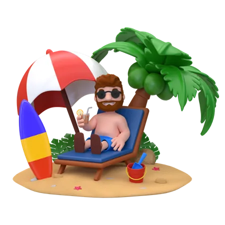 3 D Rendering Summer Illustration Of A Boy Sitting On A Lounge Chair Drinking Orange Juice 3D Illustration