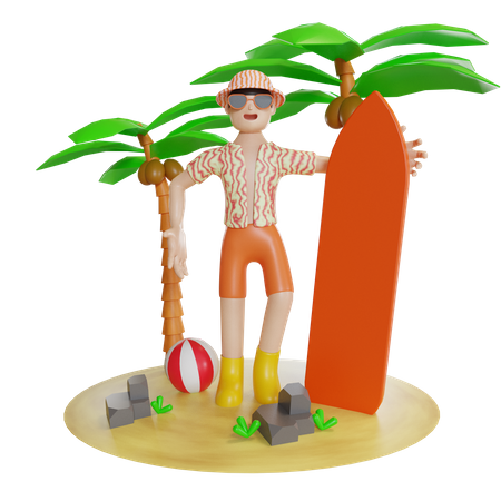 Man Enjoying On Island With holding surfboard  3D Icon
