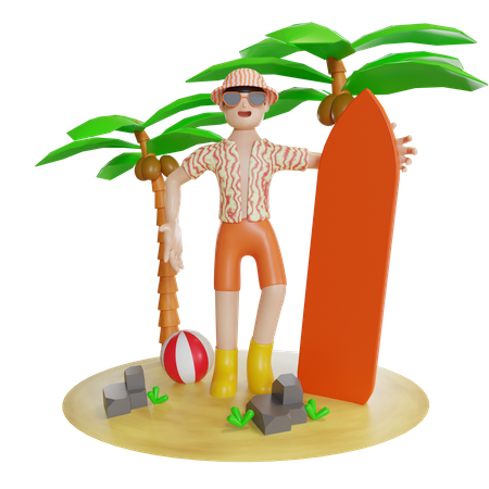 Man Enjoying On Island With holding surfboard  3D Illustration