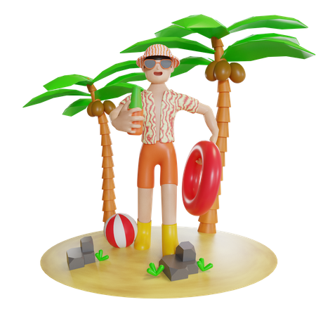 Man Enjoying On Island With holding swimming tube  3D Icon