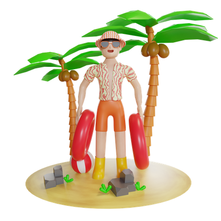 Man Enjoying On Island With holding swimming tube  3D Icon
