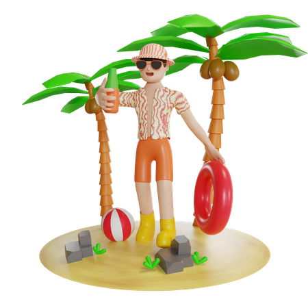 Man Enjoying On Island With holding swimming tube  3D Icon