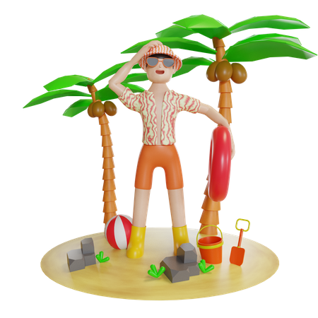 Man Enjoying On Island With holding swimming tube  3D Illustration