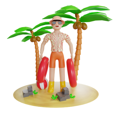 Man Enjoying On Island With holding swimming tube  3D Illustration