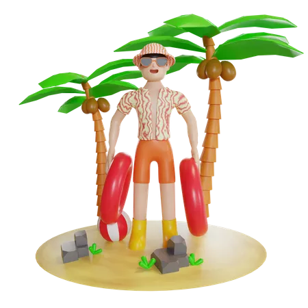 Man Enjoying On Island With holding swimming tube  3D Illustration