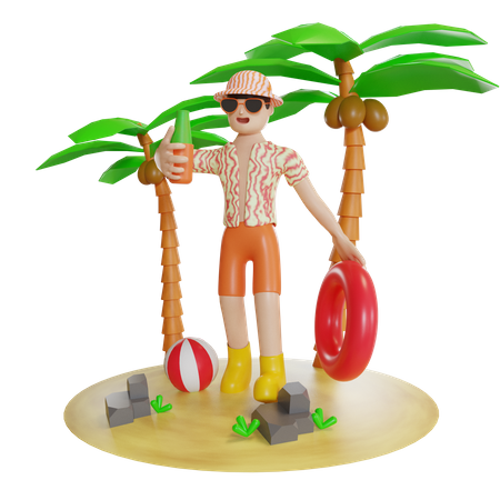 Man Enjoying On Island With holding swimming tube  3D Illustration