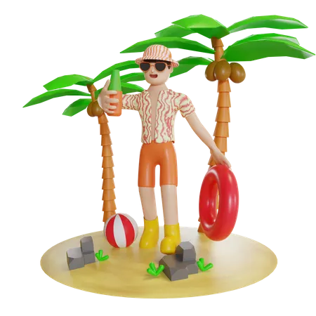 Man Enjoying On Island With holding swimming tube  3D Illustration