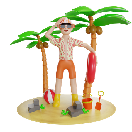 Man Enjoying On Island With holding swimming tube  3D Illustration