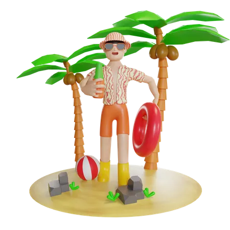 Man Enjoying On Island With holding swimming tube  3D Illustration