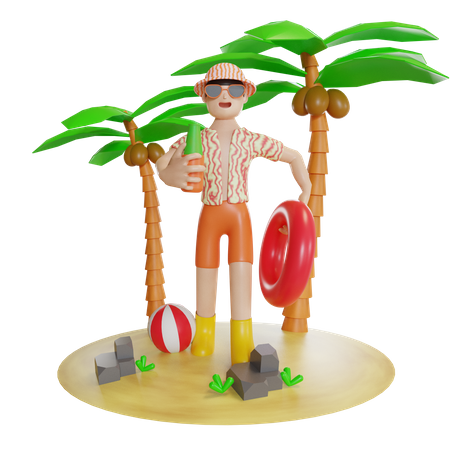 Man Enjoying On Island With holding swimming tube 3D Illustration