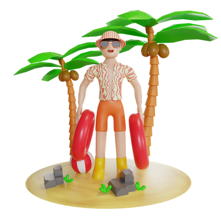 Man Enjoying On Island With holding swimming tube 3D Illustration