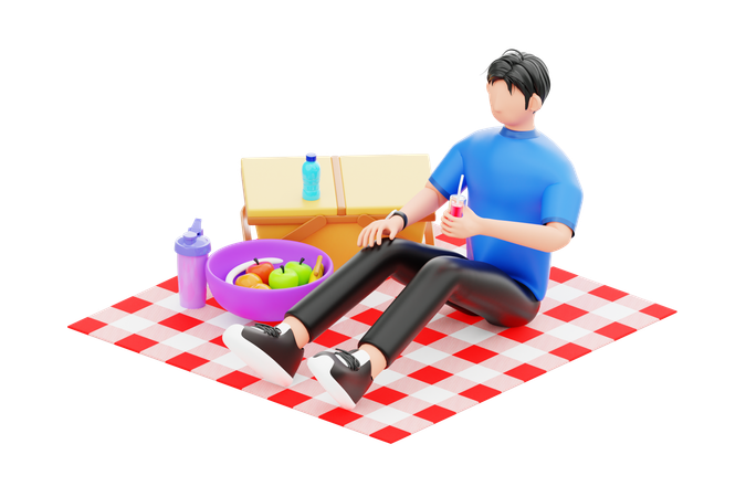 Man Enjoying Picnicking In Park  3D Illustration