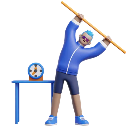 Man Exercises With A Stick  3D Illustration