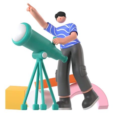 Man exploring Space using Telescope  3D Illustration