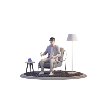 Man exploring VR On Chair  3D Illustration