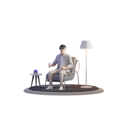 Man exploring VR On Chair  3D Illustration