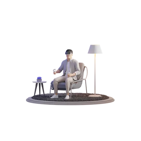 Man exploring VR On Chair 3D Illustration