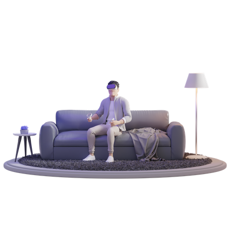 Man exploring VR On Sofa  3D Illustration