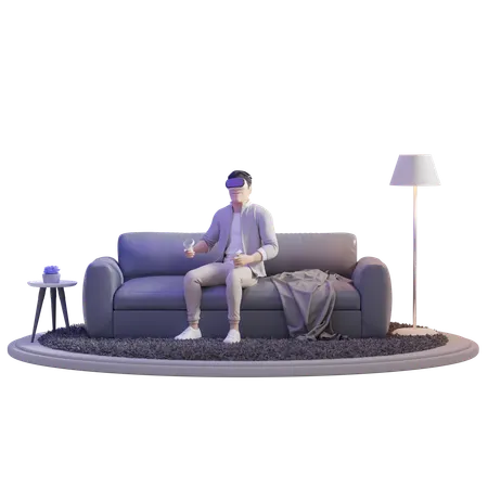 Man exploring VR On Sofa  3D Illustration