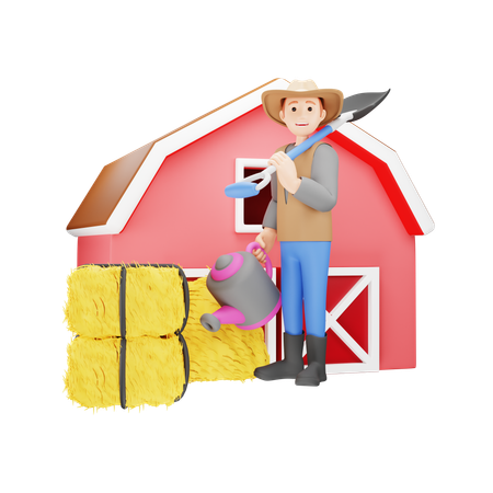 Man Farmer Holding Shovel and Watering Can  3D Illustration