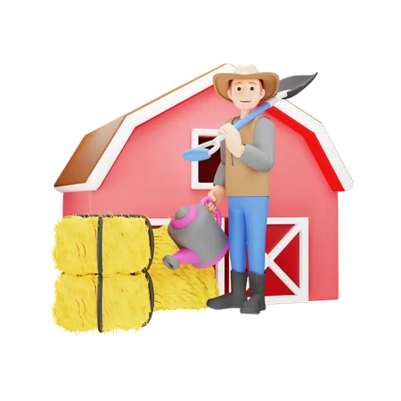 Man Farmer Holding Shovel and Watering Can  3D Illustration