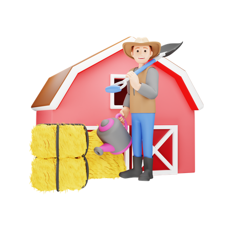Man Farmer Holding Shovel and Watering Can  3D Icon