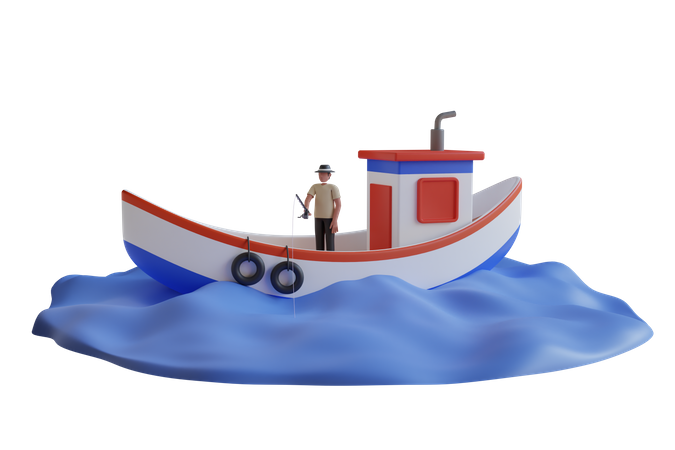 Man fishing on the boat  3D Illustration