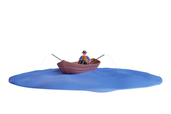 Man fishing on the boat  3D Illustration